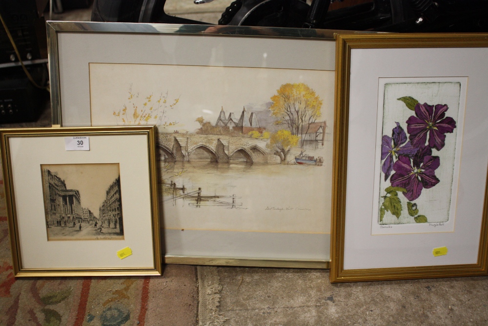 TWO FRAMED AND GLAZED ETCHINGS TOGETHER WITH A PRINT (3)