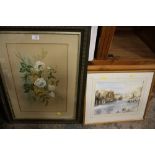 A FRAMED AND GLAZED STILL LIFE WATERCOLOUR OF FLOWERS TOGETHER WITH WATERCOLOUR OF A RIVER SCENE