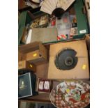 TWO TRAYS OF COLLECTABLES TO INCLUDE A 1950S PHOTOGRAPH ALBUM, VINTAGE TOP TRUMPS ETC.