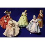 A COLLECTION OF FIVE ROYAL DOULTON LADY FIGURES 'AUTUMN BREEZES' HN1934, 'THE POLKA' HN2156, 'JULIA'