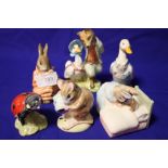 SIX ROYAL ALBERT BEATRIX POTTER FIGURES TO INCLUDE 'JEMIMA PUDDLEDUCK WITH FOXY WHISKERERED