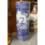 A LARGE 19TH CENTURY CHINESE BLUE AND WHITE STICKSTAND, decorated with storks in a typical