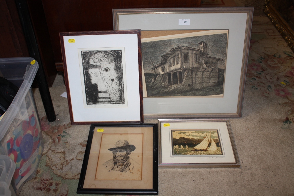 (XX). Three etchings and woodcuts etc., VISSAUV. Village building with figures, B ROBINSON. Lake