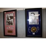 A FRAMED AND GLAZED PICTURE OF ELVIS CONTAINING A FRAGMENT OF HAIR TOGETHER WITH A MARILYN MONROE