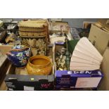 TWO TRAYS OF ASSORTED SUNDRIES TO INCLUDE LAMPS, VINTAGE BUTLERS BELL, JARDINAIRE ETC.