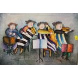 A MODERN UNFRAMED OIL ON CANVAS OF MUSICIANS SIGNED J ROYBAL