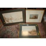 THREE ASSORTED FRAMED WATERCOLOURS TO INCLUDE SUBURBAN STREET SCENE SIGNED GEORGE LEE