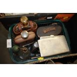 A SMALL BOX OF COLLECTABLES TO INCLUDE CASED BINOCULARS, HIP FLASKS ETC.