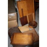 THREE BOXES OF ASSORTED TREEN TO INCLUDE FRUIT BOWLS, CARVED PANELS ETC.