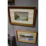 A FRAMED AND GLAZED WATERCOLOUR SEA SCAPE TOGETHER WITH A PASTEL OF A HARBOUR (20
