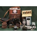 A TRAY OF VINTAGE CAMERAS AND ACCESSORIES, BINOCULARS ETC.