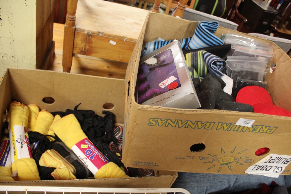 A BOX OF SHOE CLEANING ITEMS TOGETHER WITH A BOX OF CLOTHING ACCESSORIES, HATS, SCARVES ETC.