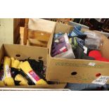 A BOX OF SHOE CLEANING ITEMS TOGETHER WITH A BOX OF CLOTHING ACCESSORIES, HATS, SCARVES ETC.