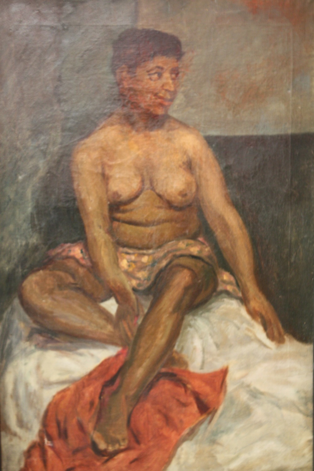 SLADE SCHOOL (XX). Study of a seated semi-nude female, indistinctly inscribed verso, unsigned, oil