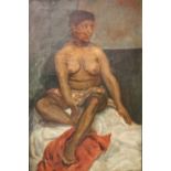 SLADE SCHOOL (XX). Study of a seated semi-nude female, indistinctly inscribed verso, unsigned, oil