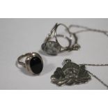 A SILVER PENDANT ON CHAIN, LOCKET RING AND ANOTHER (3)