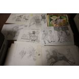 A COLLECTION OF UNFRAMED NOVELTY COMICAL PENCIL SKETCHES, SKETCH BOOKS ETC