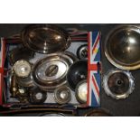 TWO TRAYS OF SILVER PLATED METALWARE ETC TO INCLUDE SERVING TRAYS