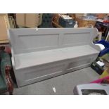 A MODERN PAINTED WOODEN SETTLE WITH LIFT-UP SEAT LIDS W- 182 CM