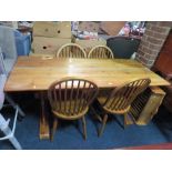 A MODERN PINE REFECTORY TABLE TOGETHER WITH 4 CHAIRS AND A PLATE RACK