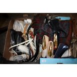 TWO BOXES OF VINTAGE LADIES SHOES AND ACCESSORIES, to include belts and scarves etc.(2)