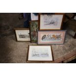 A COLLECTION OF FRAMED NEEDLEWORKS AND PRINTS TOGETHER WITH A WATERCOLOUR OF A HARBOUR SCENE (5)