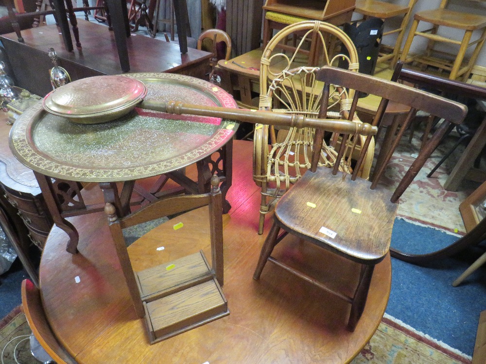 AN EASTERN BRASS TOPPED TABLE, CHILDS CHAIR, MIRROR ETC (5)