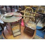 AN EASTERN BRASS TOPPED TABLE, CHILDS CHAIR, MIRROR ETC (5)