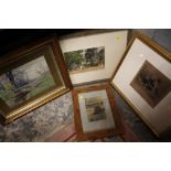 A GILT FRAMED AND GLAZED WATERCOLOUR DEPICTING A COUNTRY BRIDGE BY JG VEACO TOGETHER WITH A
