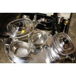 A SILVER PLATED FOUR PIECE TEA SERVICE ON TWIN HANDLED SERVING TRAY, TOGETHER WITH A CASED