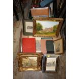 A COLLECTION OF ASSORTED PICTURES TO INCLUDE SKETCH BOOKS, OIL PAINTING, WATERCOLOUR ETC. ALL BY P.