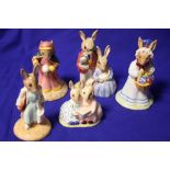 FIVE ROYAL DOULTON BUNNYKINS FIGURES TO INCLUDE 'SHOPPER BUNNYKINS' AND 'MRS BUNNYKINS'