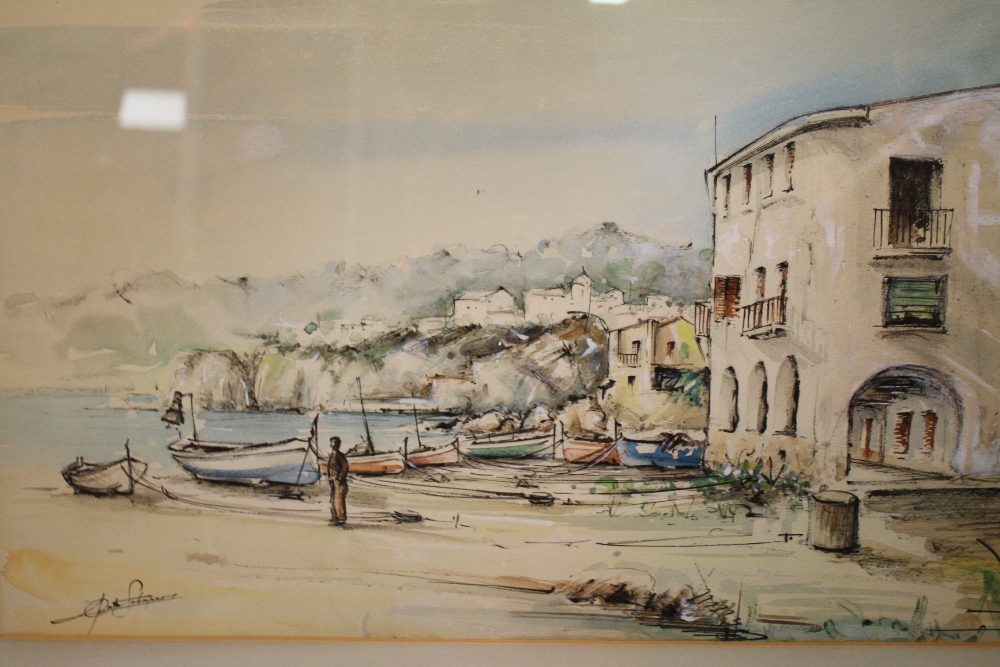 A FRAMED AND GLAZED WATERCOLOUR DEPICTING A CONTINENTAL HARBOUR SCENE INDISTINCTLY SIGNED LOWER LEFT