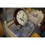 A TRAY OF CUT GLASS TO INCLUDE A FUSHIA PATTERNED ROSE BOWL TOGETHER WITH A MARTELL COGNAC WALL