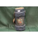 AN ANTIQUE LEATHER GORDITE SHELL CARRIER AMMUNITION CASE DECORATED WITH A COAT OF ARMS