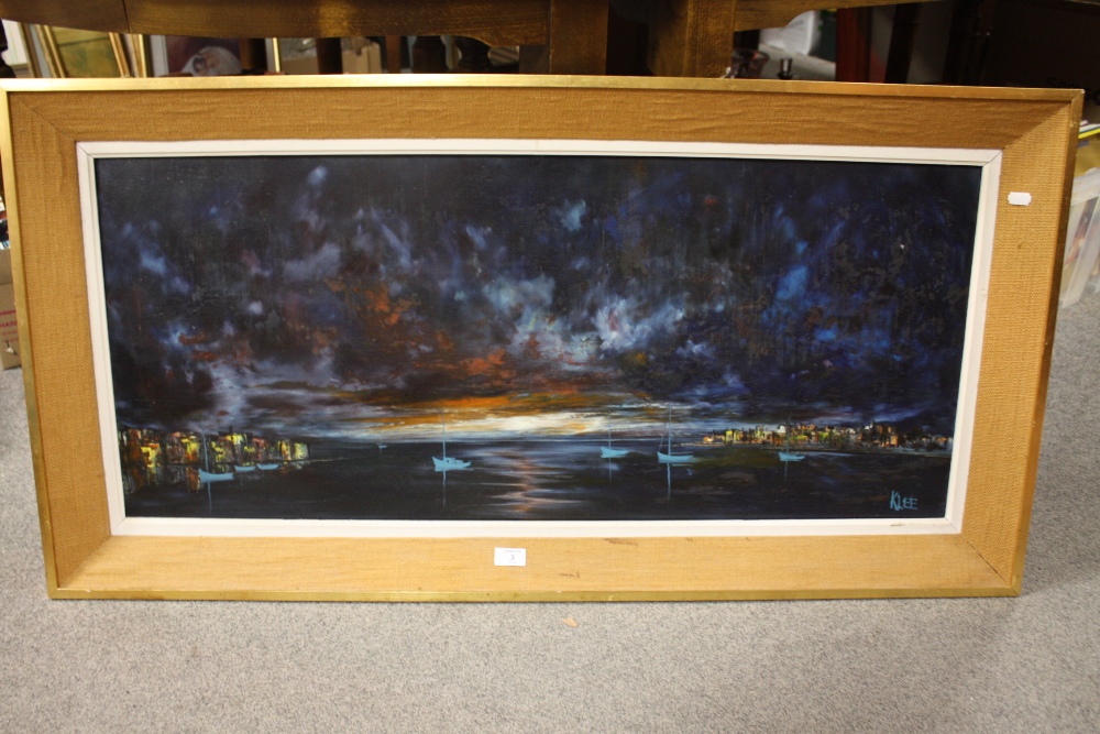 A LARGE GILT FRAMED OIL ON BOARD DEPICTING NIGH TIME HARBOUR SCENE SIGN KLEE LOWER RIGHT