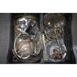 TWO TRAYS OF SILVER PLATED METALWARE ETC.