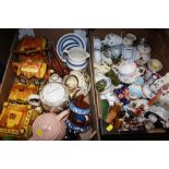 TWO TRAYS OF ASSORTED CERAMICS TO INCLUDE CORNISHWARE, FIGURES ETC.