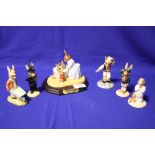 SIX ROYAL DOULTON BUNNYKINS FIGURES TO INCLUDE 'BATH NIGHT BUNNYKINS' ON PLINTH