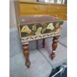 AN ANTIQUE MAHOGANY AND UPHOLSTERED STOOL