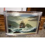 A FRAMED OIL ON CANVAS OF SHIP IN A CHOPPY SEA SIGNED WH STOCKMAN