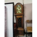 A MODERN OAK CASED LONGCASE CLOCK WITH BRASS FACE, MOON ROLLER AND TRIPLE WEIGHT - PENDULUM H-194