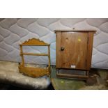 AN ANTIQUE PINE WALL HANGING CUPBOARD TOGETHER WITH A WALL HANGING SHELF (2)