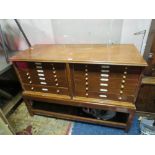 A MID CENTURY MAHOGANY CANTEEN CUTLERY CABINET ON STAND NO DOORS - AND EMPTY H-85 W-122 CM A/F