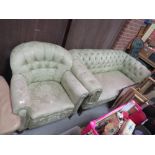 A VINTAGE CHESTERFIELD SOFA AND A MATCHED UPHOLSTERED ARMCHAIR