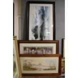 TWO LARGE FRAMED AND GLAZED PRINTS TOGETHER WITH A WATERCOLOUR OF HOT AIR BALLOONS IN A COUNTRY