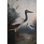 A VICTORIAN UNFRAMED OIL ON CANVAS LAID ON BOARD OF STORKS