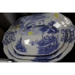 A SET OF THREE ART DECO STYLE PALISSY BLUE AND WHITE MEAT PLATES