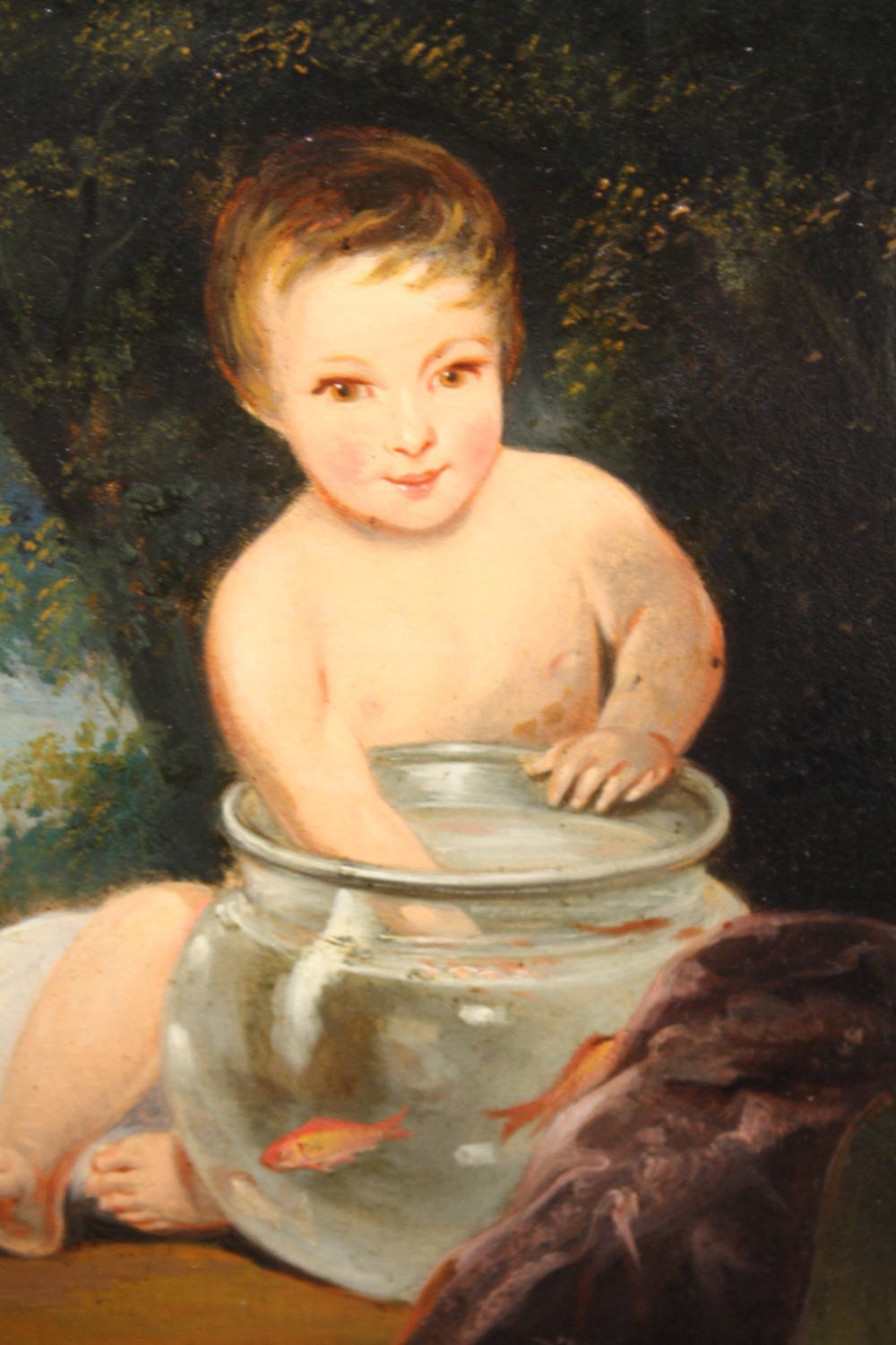 AN ANTIQUE GILT FRAMED OIL ON BOARD OF A YOUNG BOY WITH HIS HAND IN A GOLDFISH BOWL - Image 2 of 3