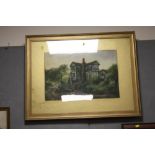 A LARGE GILT FRAMED AND GLAZED WATERCOLOUR OF A TUDOR COUNTRY HOUSE BY A RIVER SIGNED JOHN THORLEY